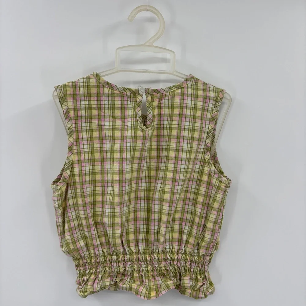 cc.bates Plaid Sleeveless Top Kids 6 Green Pink Ruffle Smocked Peplum Blouse